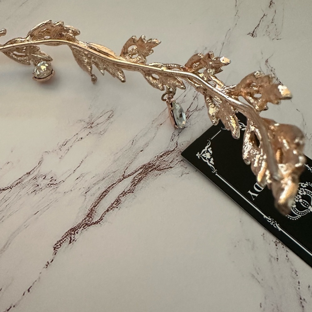 Bellady Gold Leaf Tiara Headband with Dangling Crystals Theme Party Events - Picture 3 of 4